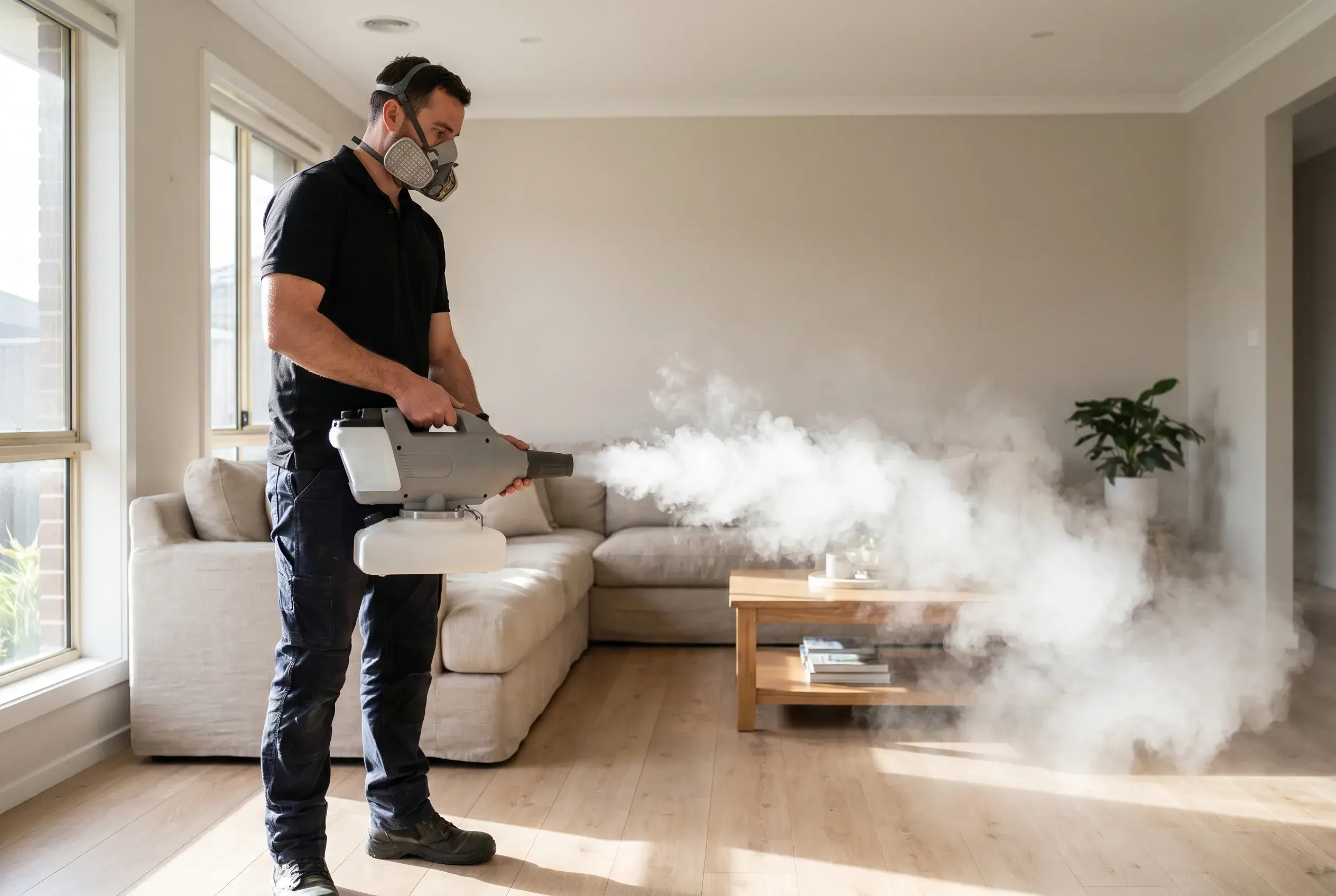 DryX technician applying anti-microbial fogging treatment