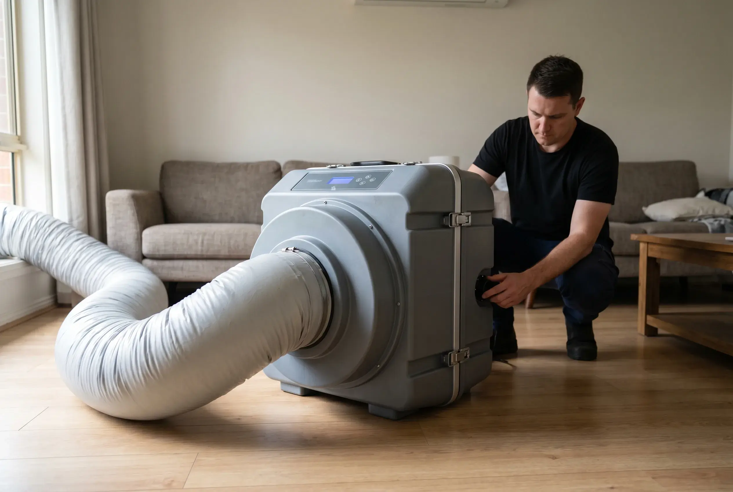Hospital-grade HEPA air filtration running during an odour control job