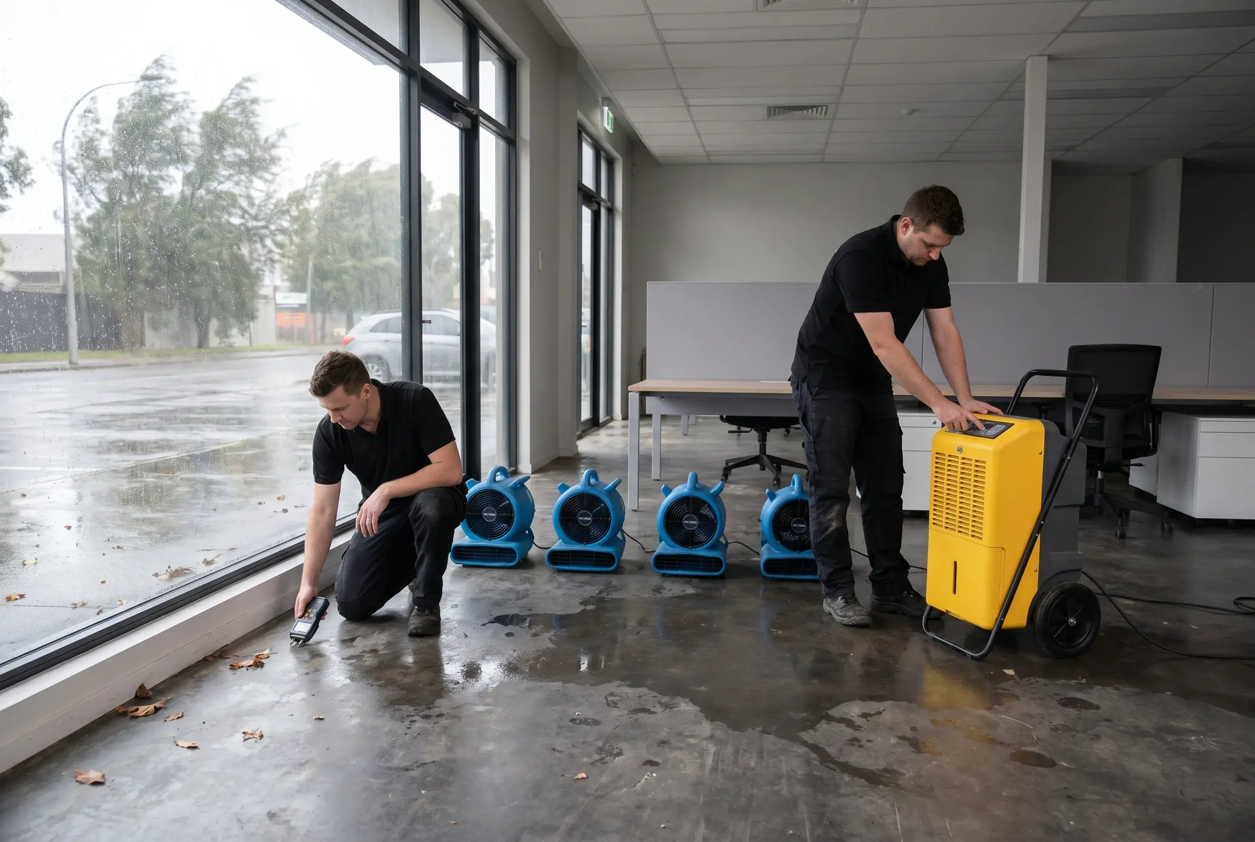 DryX technicians drying a storm-affected commercial space with air movers and an industrial dehumidifier