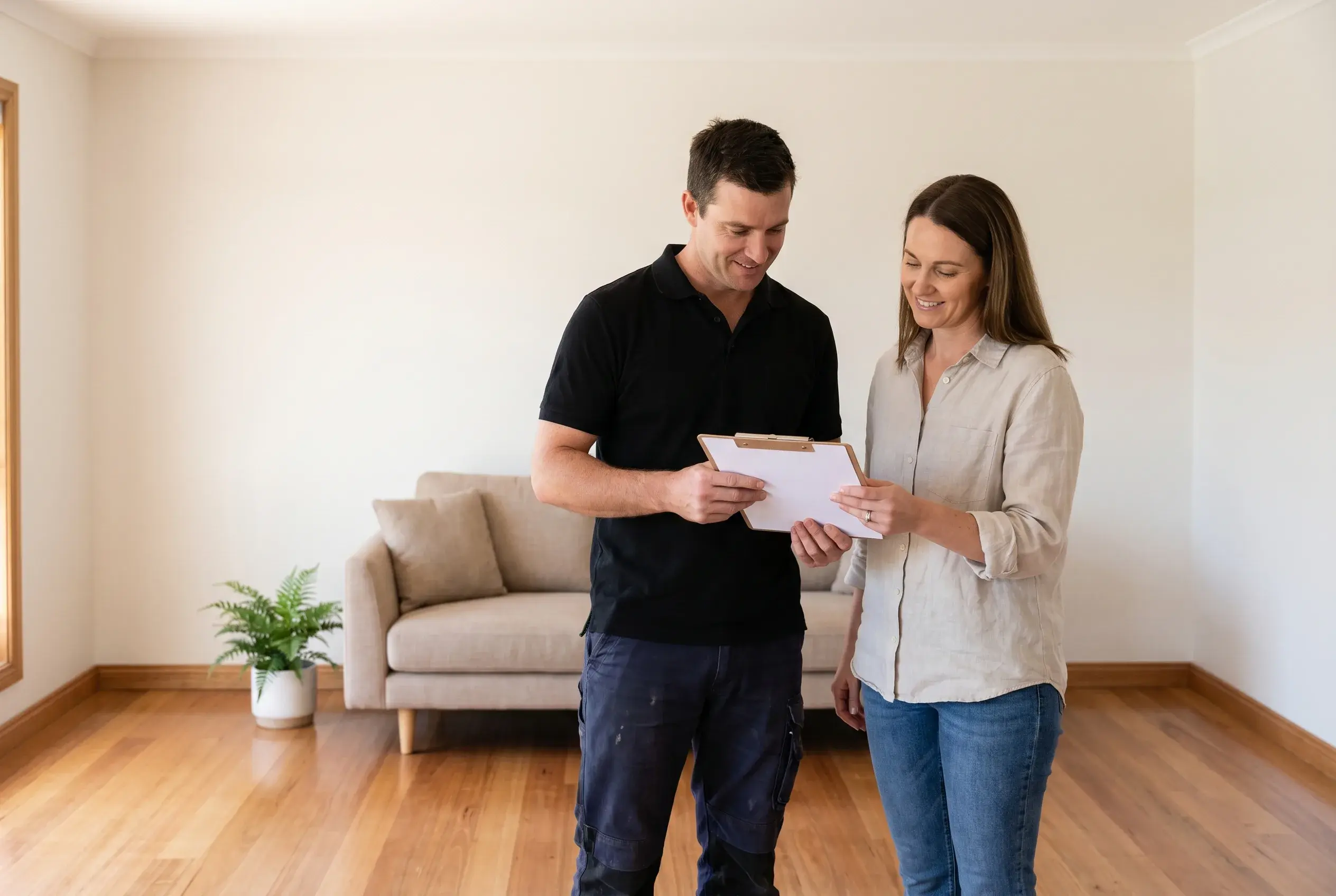 DryX technician handing over a compliance report to a homeowner
