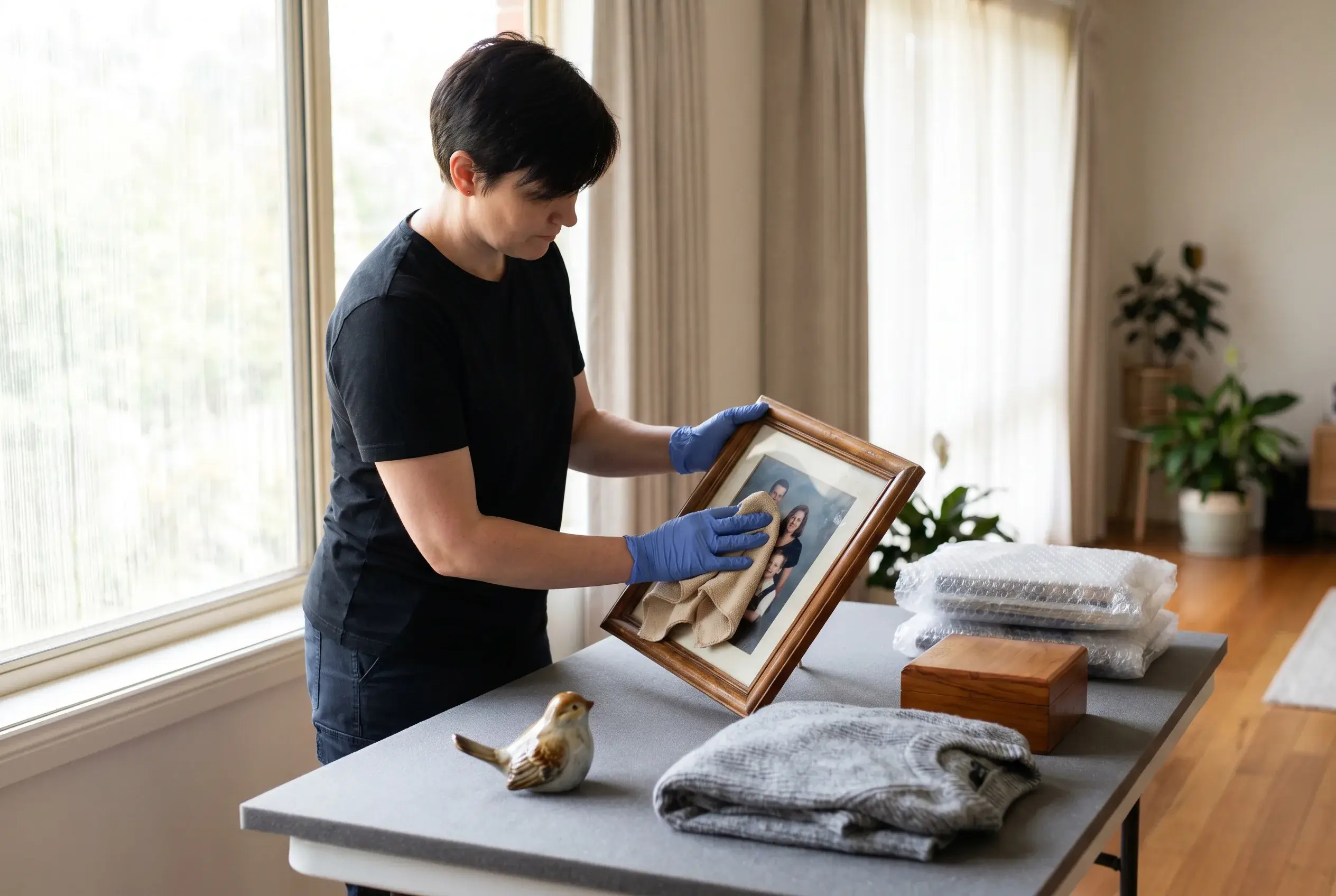 DryX technician cleaning and restoring water-damaged belongings
