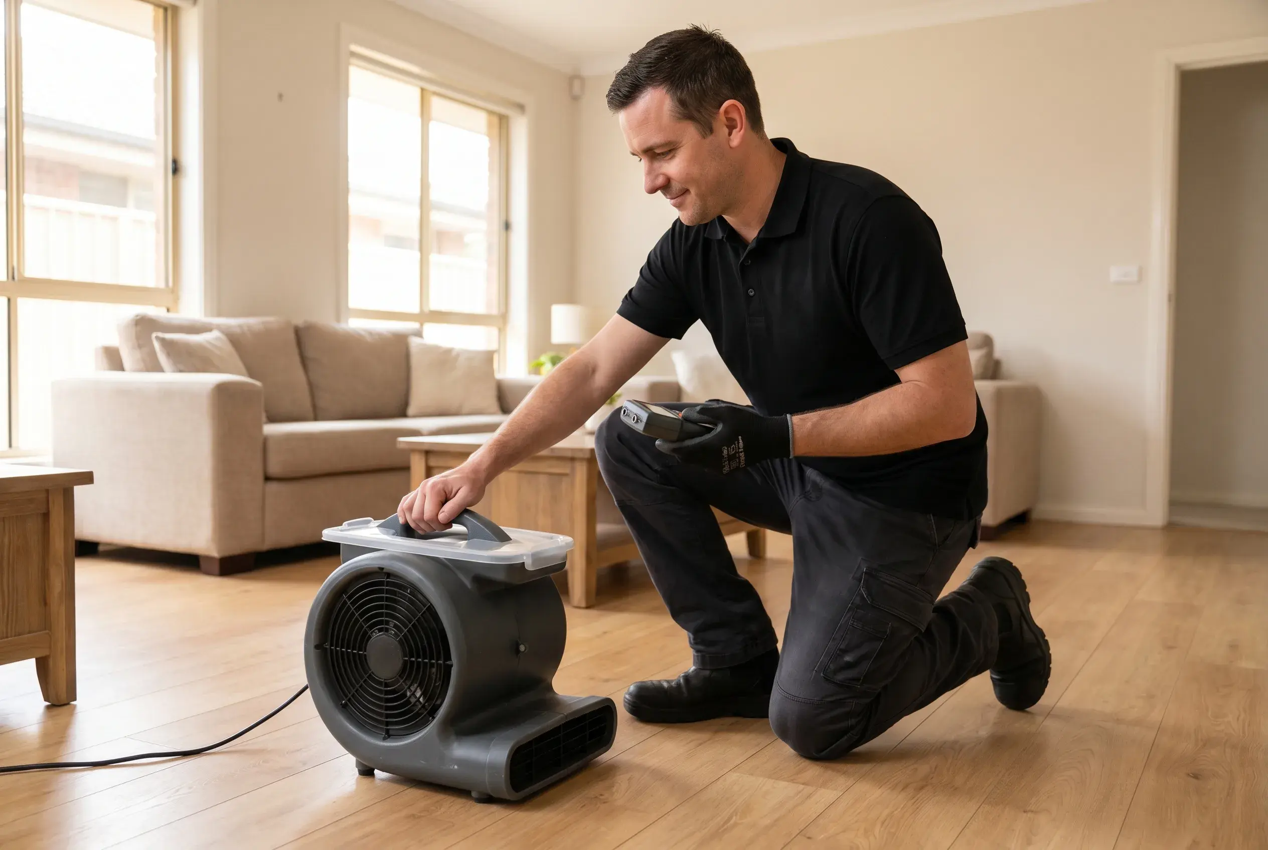 DryX technician completing water damage restoration in a clean, dry Australian home