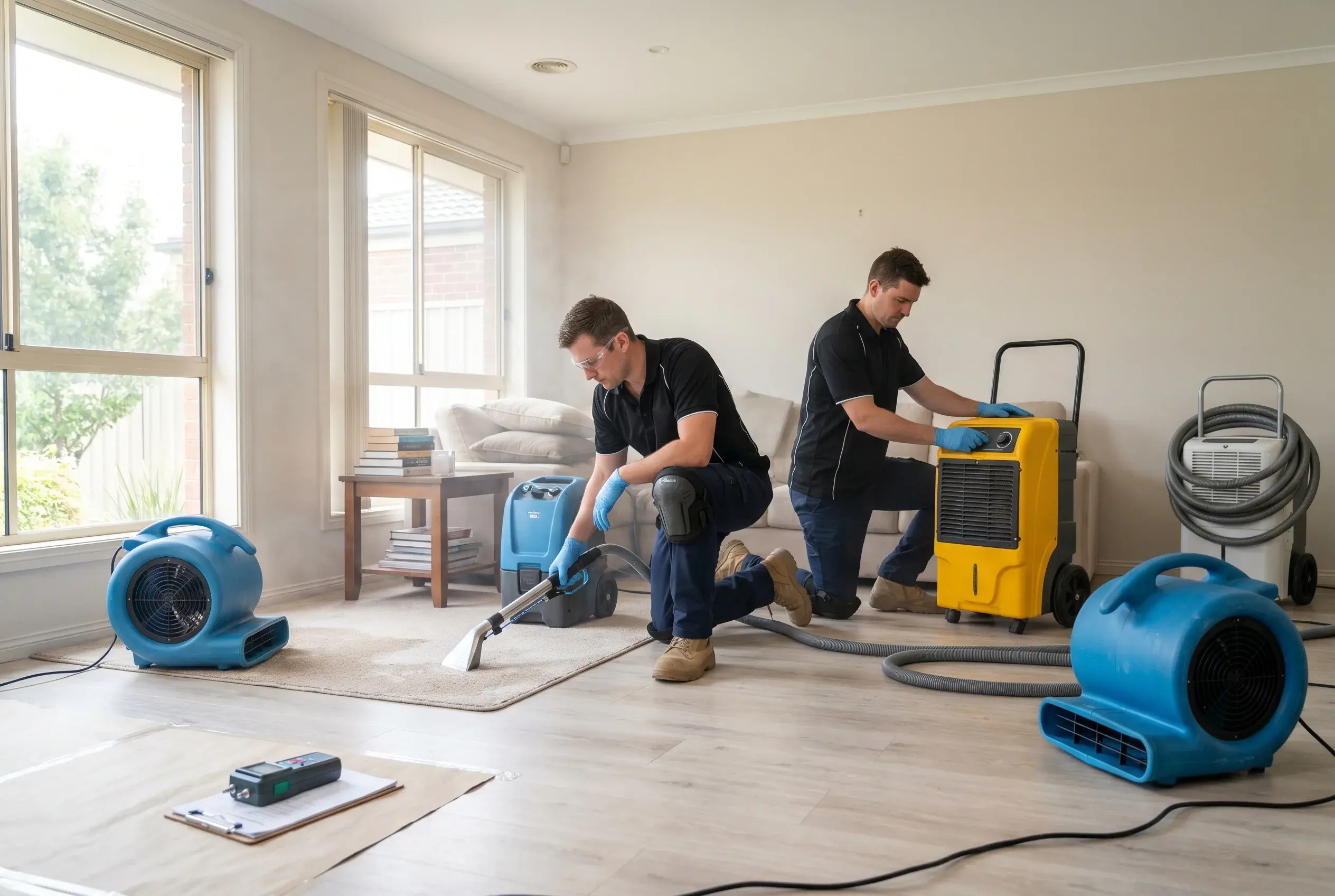 DryX team carrying out complete water damage restoration with drying and extraction equipment