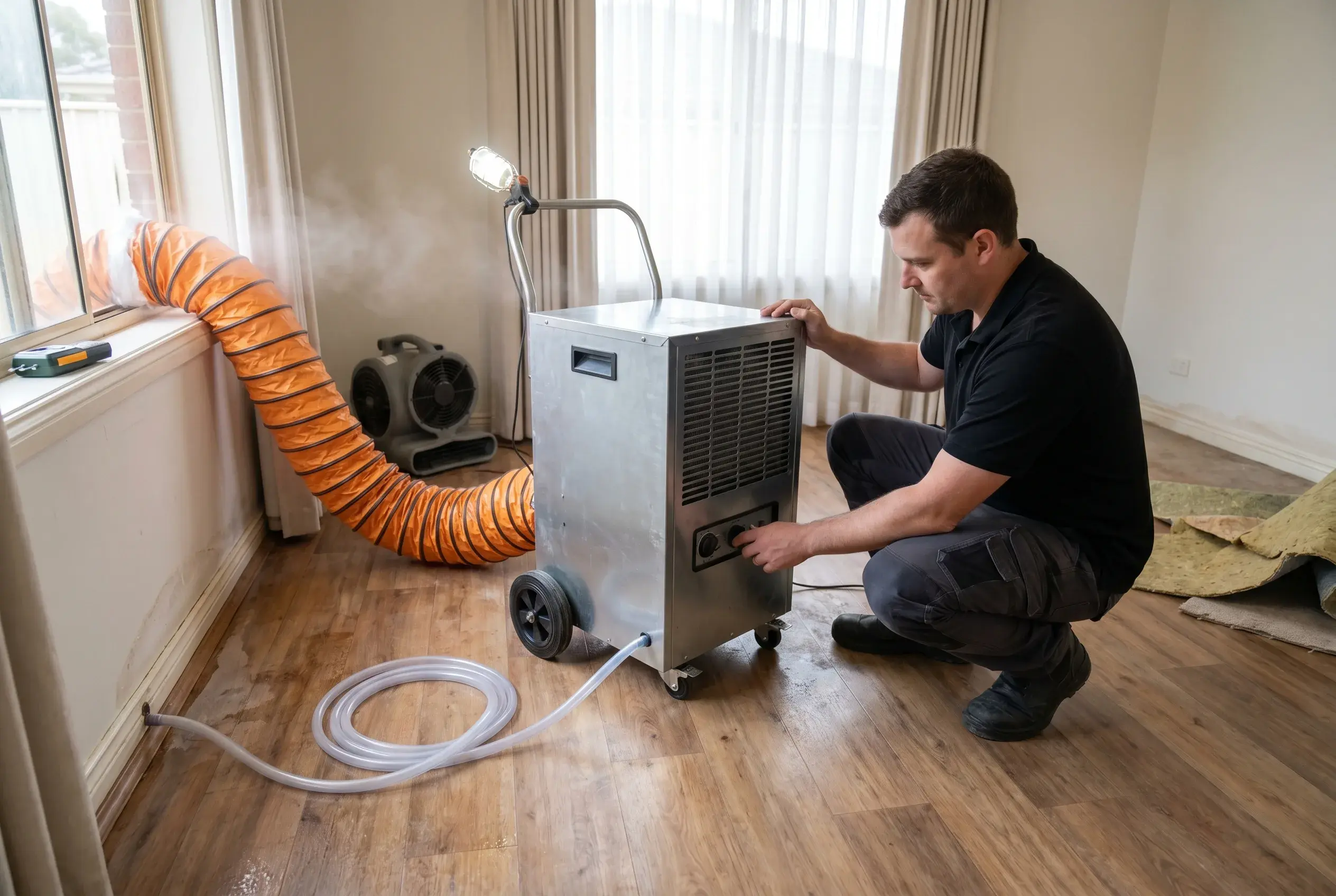 Industrial dehumidifier running during a water damage drying job