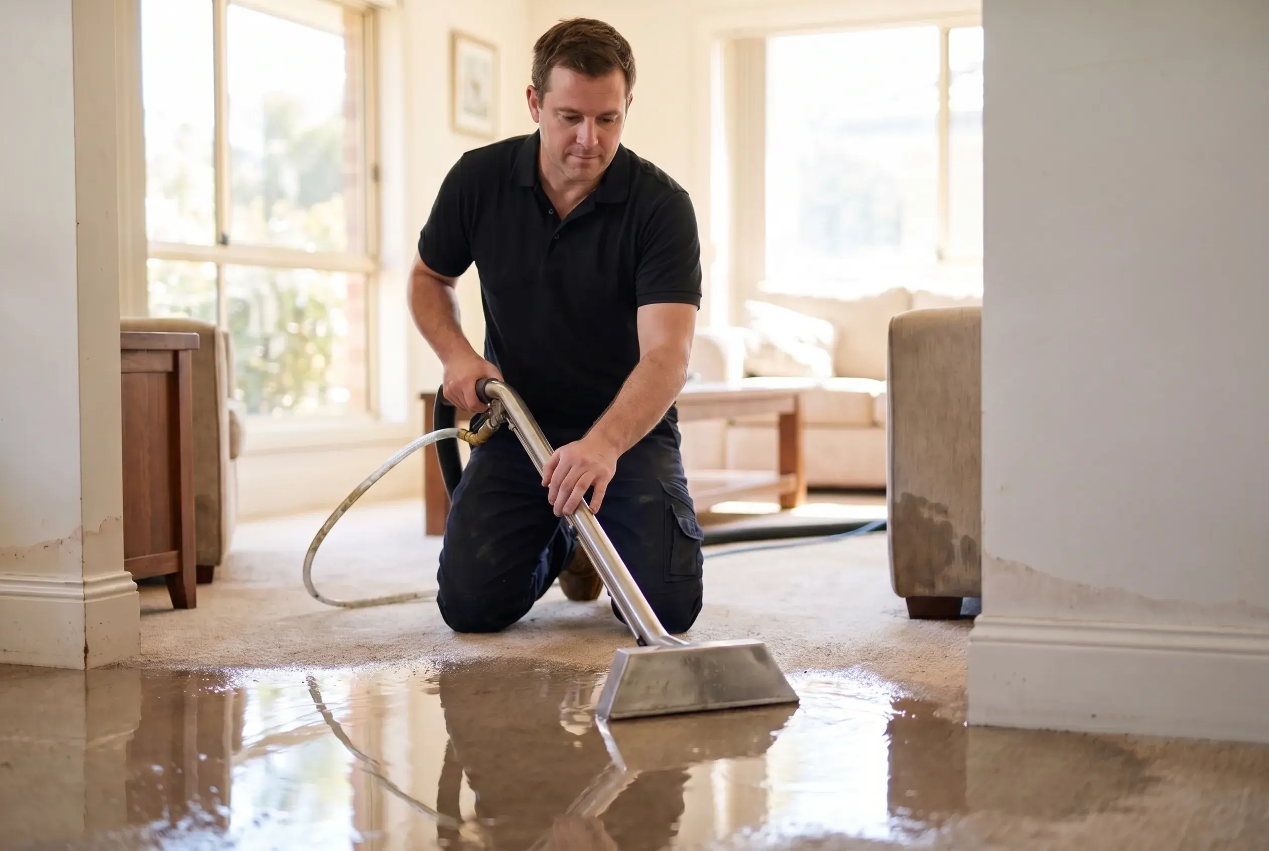 DryX technician extracting standing water from a soaked floor