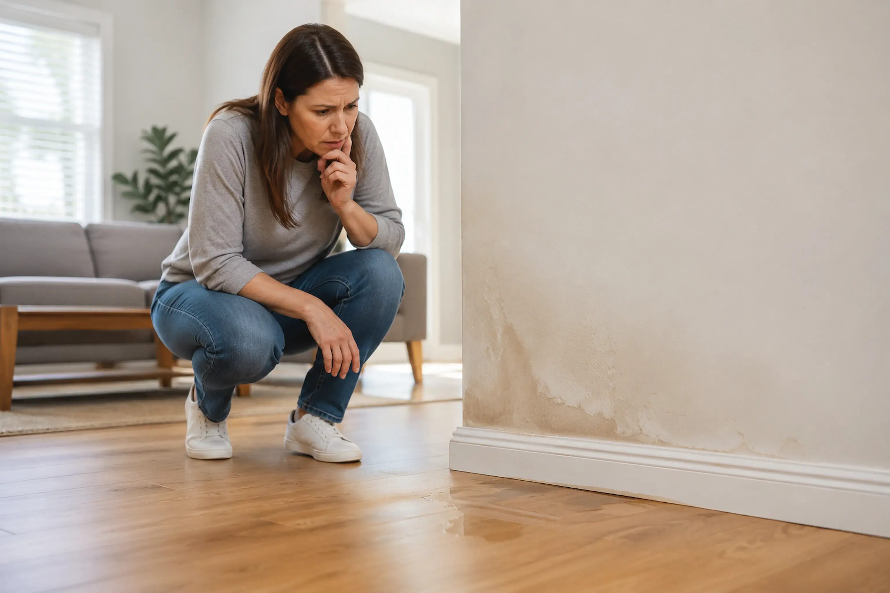 A homeowner crouching to inspect damp tide marks above the skirting board and water pooled on the timber floor