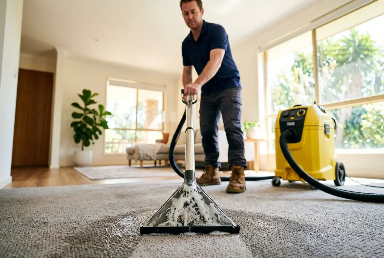 Close-up of a water extraction wand drawing moisture from damp carpet, technician and extraction machine behind
