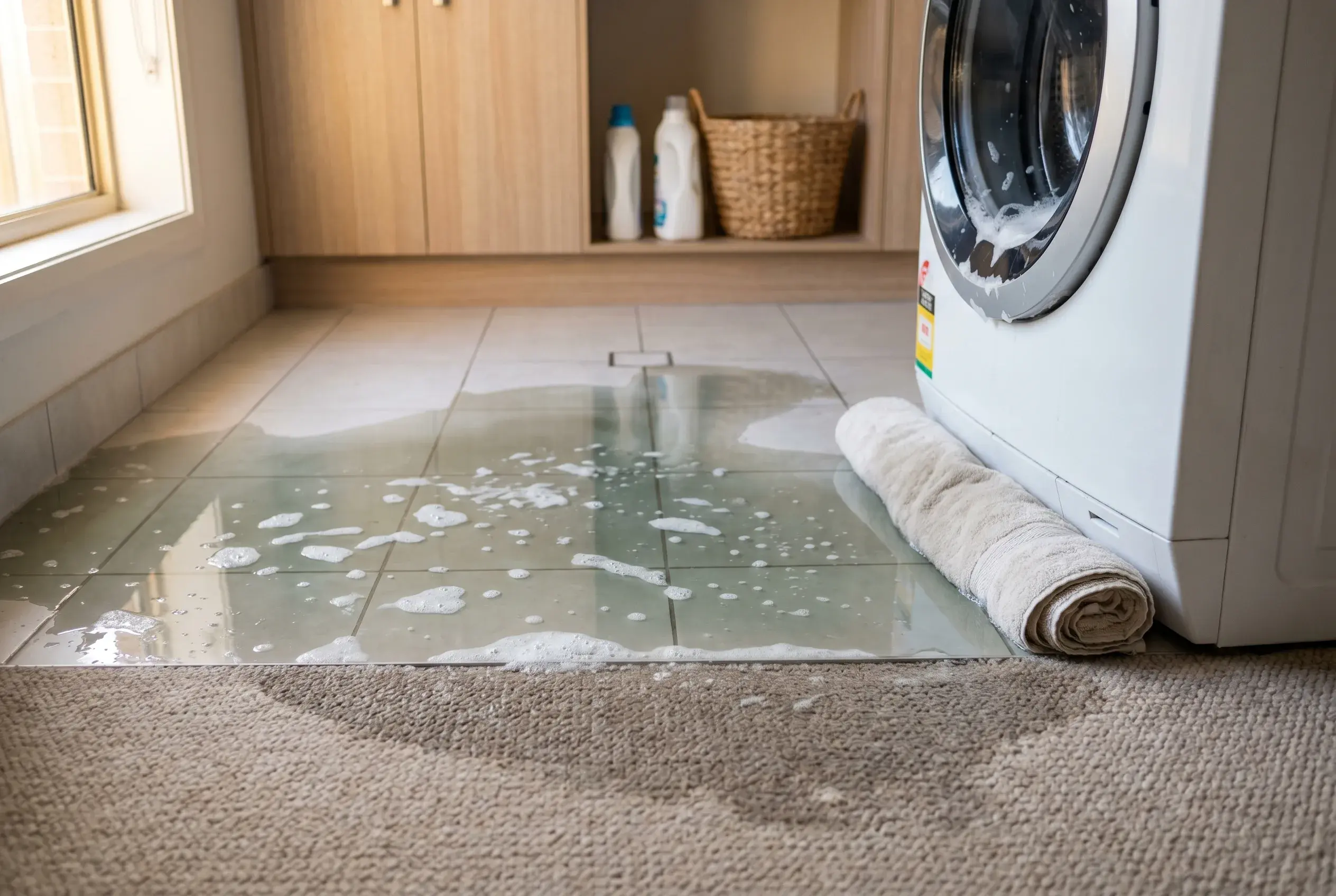 Grey category 2 water from an overflowing washing machine spreading toward carpet