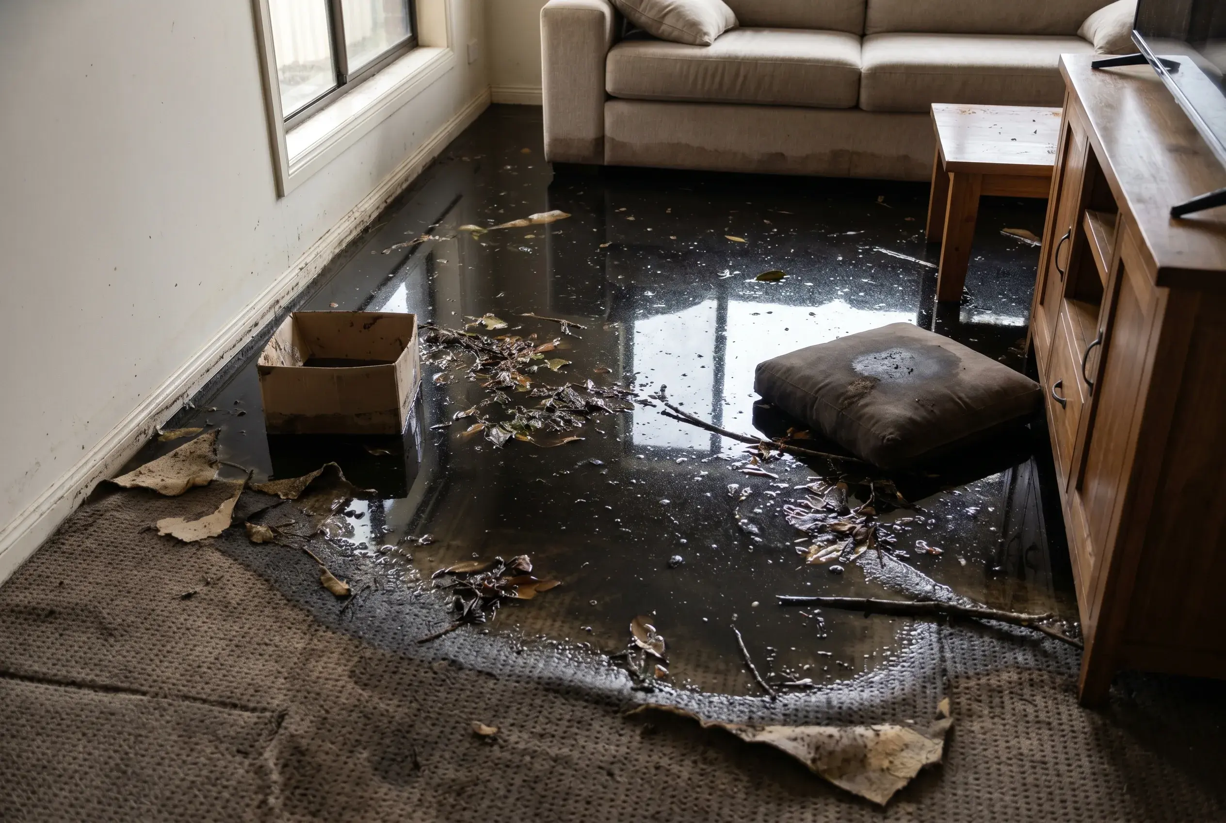 Black category 3 contaminated flood water across a damaged living room